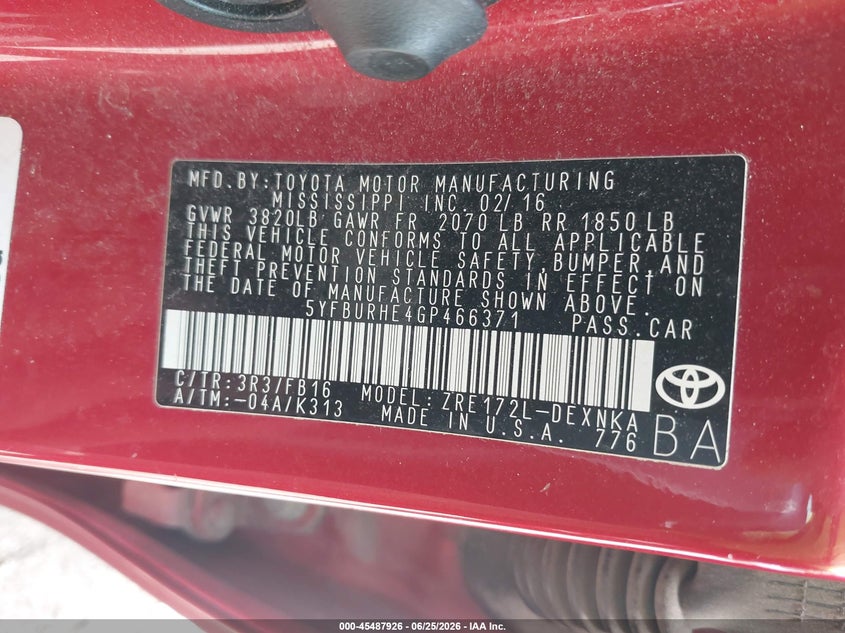 2016 Toyota Corolla VIN 5YFBURHE4GP466371 IAAI salvage auction — NORMAL WEAR, Clear (Indiana), sold $1,850 on 2026-07-08 (photo 9)