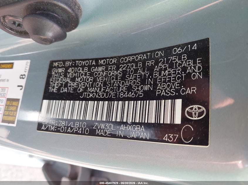 2014 Toyota Prius VIN JTDKN3DU7E1844675 IAAI salvage auction — FRONT END, Salvage Title, sold $2,450 on 2026-07-18 (photo 9)