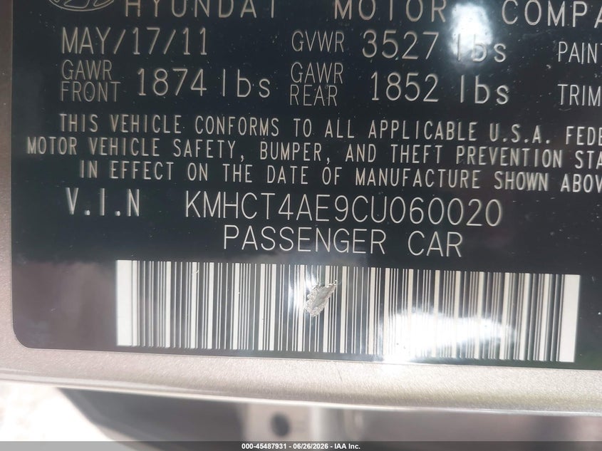 2012 Hyundai Accent VIN KMHCT4AE9CU060020 IAAI salvage auction — FRONT END, Salvage - Greater Than 75% (Maryland), sold $425 on 2026-07-16 (photo 9)