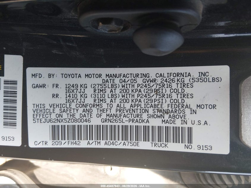 2005 Toyota Tacoma VIN 5TEJU62NX5Z080046 IAAI salvage auction — LEFT SIDE, Salvage (Ohio), sold $1,650 on 2026-07-28 (photo 9)