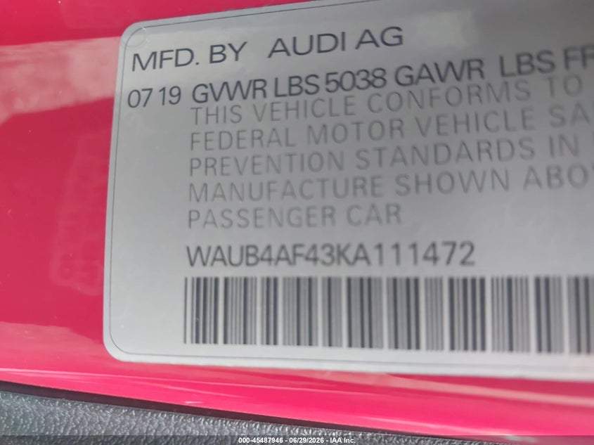2019 Audi S4 VIN WAUB4AF43KA111472 IAAI salvage auction — RIGHT SIDE, Salvage Title, sold $8,275 on 2026-08-24 (photo 9)