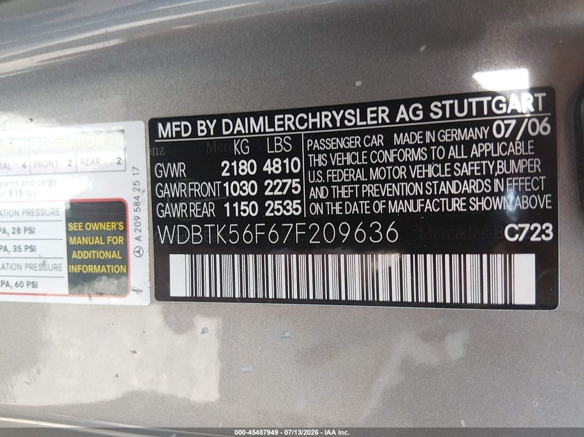 2007 Mercedes-benz Clk-class VIN WDBTK56F67F209636 IAAI salvage auction — REAR END, Salvage (Idaho), sold $25 on 2026-07-28 (photo 9)