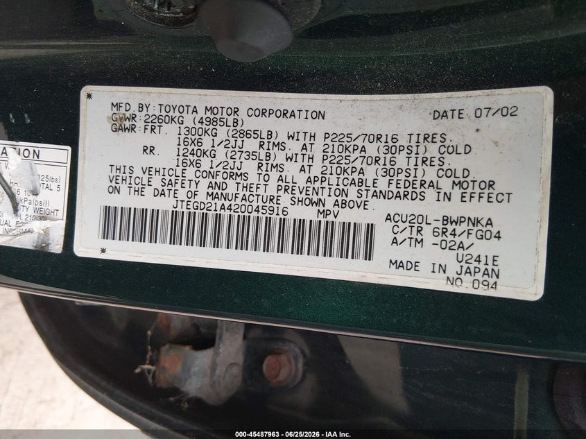 2002 Toyota Highlander VIN JTEGD21A420045916 IAAI salvage auction — NORMAL WEAR, Clear (Massachusetts), sold $1,775 on 2026-07-08 (photo 9)