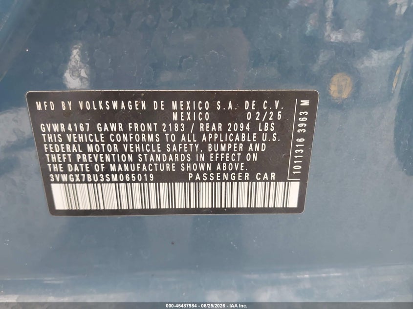 2025 Volkswagen Jetta VIN 3VWGX7BU3SM065019 IAAI salvage auction — RIGHT REAR, Salvage Title, sold $8,000 on 2026-07-29 (photo 9)