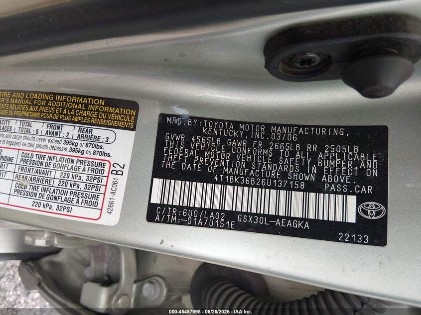2006 Toyota Avalon VIN 4T1BK36B26U137158 IAAI salvage auction — FRONT END, Salvage - 75% Or Less (Maryland), sold $550 on 2026-09-14 (photo 9)