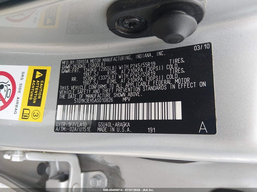 2010 Toyota Highlander VIN 5TDYK3EH5AS010826 IAAI salvage auction — FRONT END, Salvage (Tennessee), sold $1,250 on 2026-07-22 (photo 9)