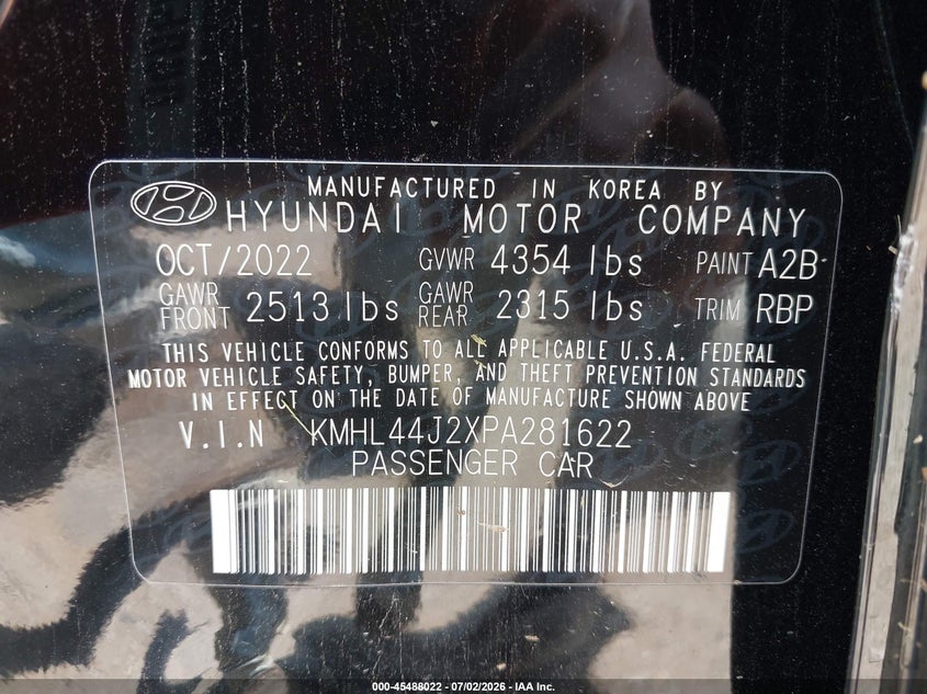 2023 Hyundai Sonata VIN KMHL44J2XPA281622 IAAI salvage auction — SIDE, Salvage (Tennessee), sold $4,850 on 2026-07-30 (photo 9)
