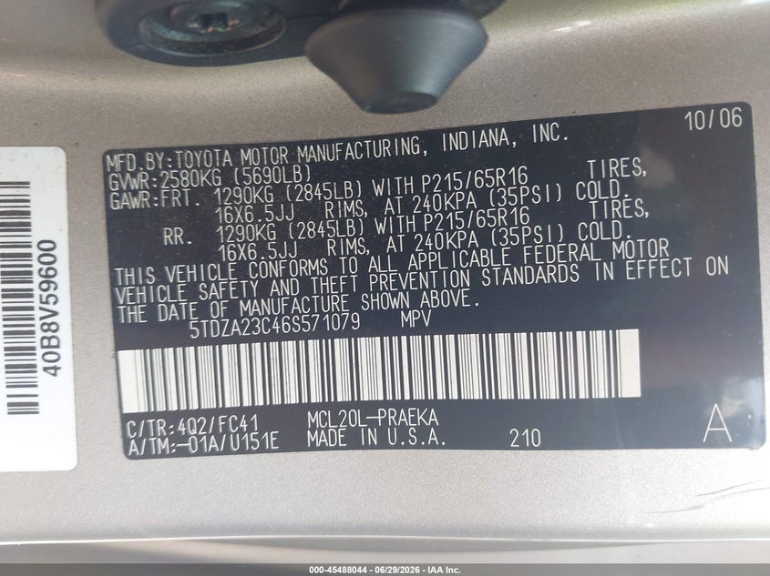 2006 Toyota Sienna VIN 5TDZA23C46S571079 IAAI salvage auction — NORMAL WEAR, Clear (Tennessee), sold $875 on 2026-07-29 (photo 9)