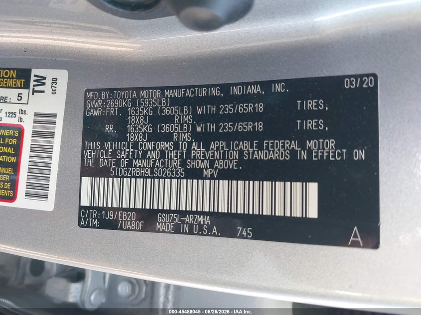 2020 Toyota Highlander VIN 5TDGZRBH9LS026335 IAAI salvage auction — ROLLOVER, Certificate Of Destruction (Florida), sold $575 on 2026-07-28 (photo 9)