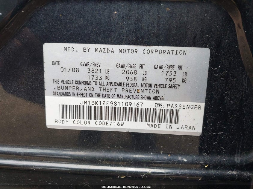 2008 Mazda 3 VIN JM1BK12F981109167 IAAI salvage auction — REAR END, Salvage (Pennsylvania), sold $200 on 2026-07-15 (photo 9)