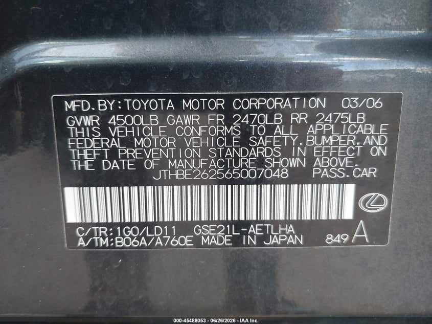 2006 Lexus Is 350 VIN JTHBE262565007048 IAAI salvage auction — NORMAL WEAR, Clear (Hawaii), sold $75 on 2026-07-14 (photo 9)