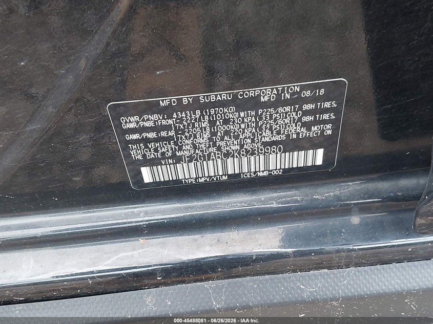 2019 Subaru Xv VIN JF2GTABC2K8239980 IAAI salvage auction — FRONT END, Salvage (Pennsylvania), sold $2,850 on 2026-07-28 (photo 9)