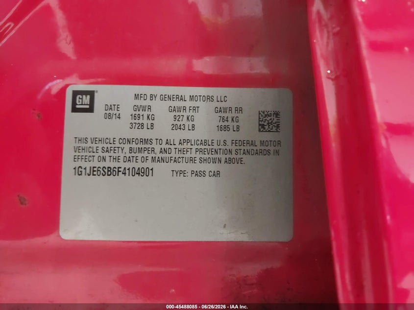2015 Chevrolet SONIC VIN 1G1JE6SB6F4104901 IAAI salvage auction — FRONT END, Salvage (North Carolina), sold $950 on 2026-08-01 (photo 9)