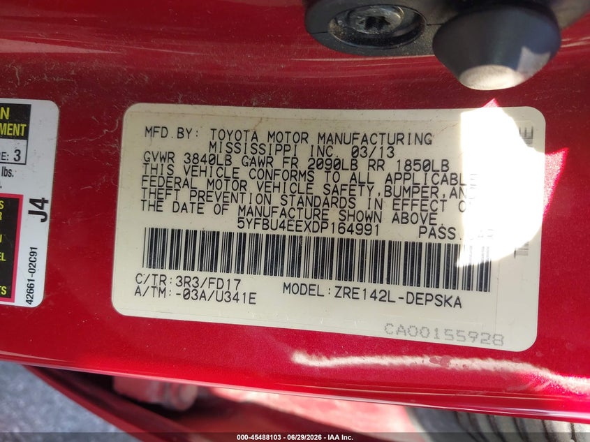 2013 Toyota Corolla VIN 5YFBU4EEXDP164991 IAAI salvage auction — FRONT & REAR, Clear (Indiana), sold $475 on 2026-07-29 (photo 9)