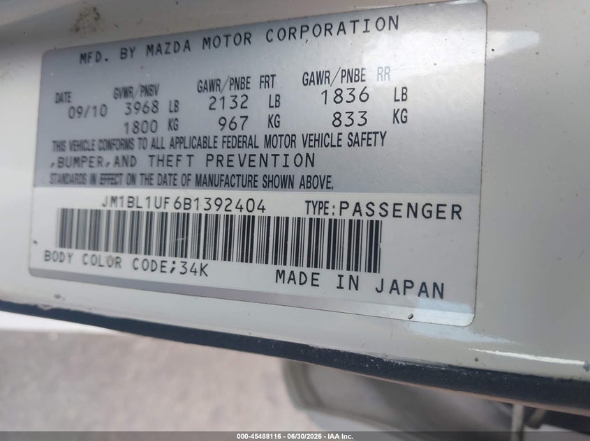 2011 Mazda 3 VIN JM1BL1UF6B1392404 IAAI salvage auction — FRONT & REAR, Salvage (Idaho), sold $600 on 2026-07-13 (photo 9)