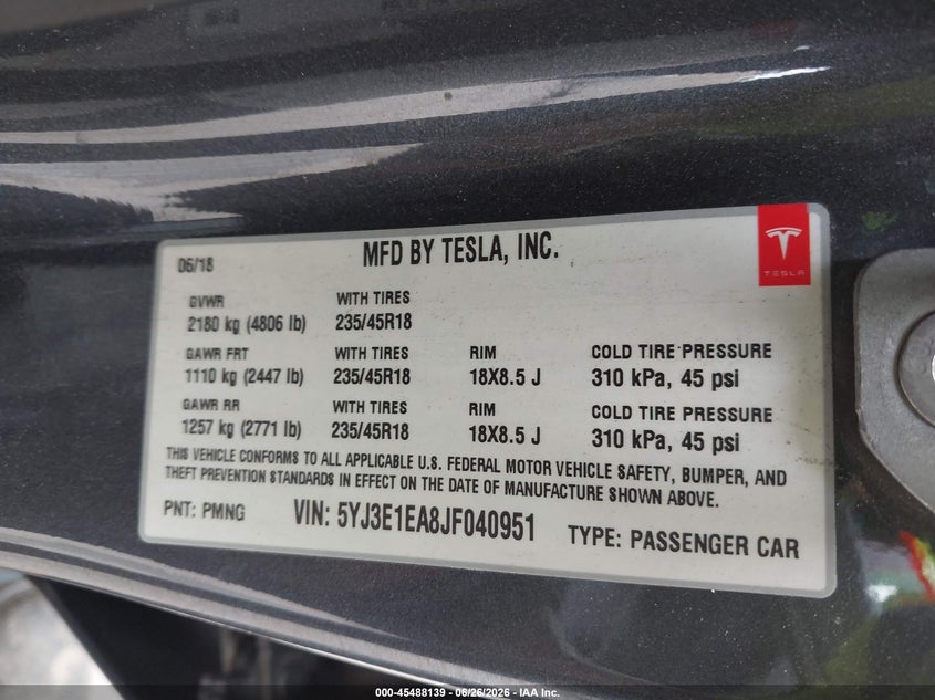 2018 Tesla Model 3 VIN 5YJ3E1EA8JF040951 IAAI salvage auction — REAR END, Mv-907A (New York), sold $4,800 on 2026-07-17 (photo 8)