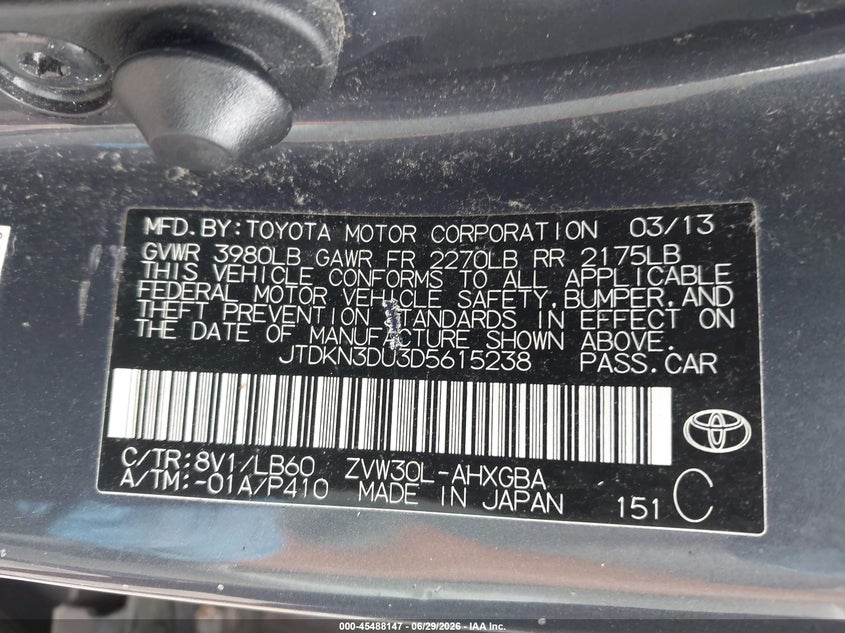2013 Toyota Prius VIN JTDKN3DU3D5615238 IAAI salvage auction — LEFT SIDE, Salvage (Pennsylvania), sold $1,925 on 2026-07-14 (photo 9)