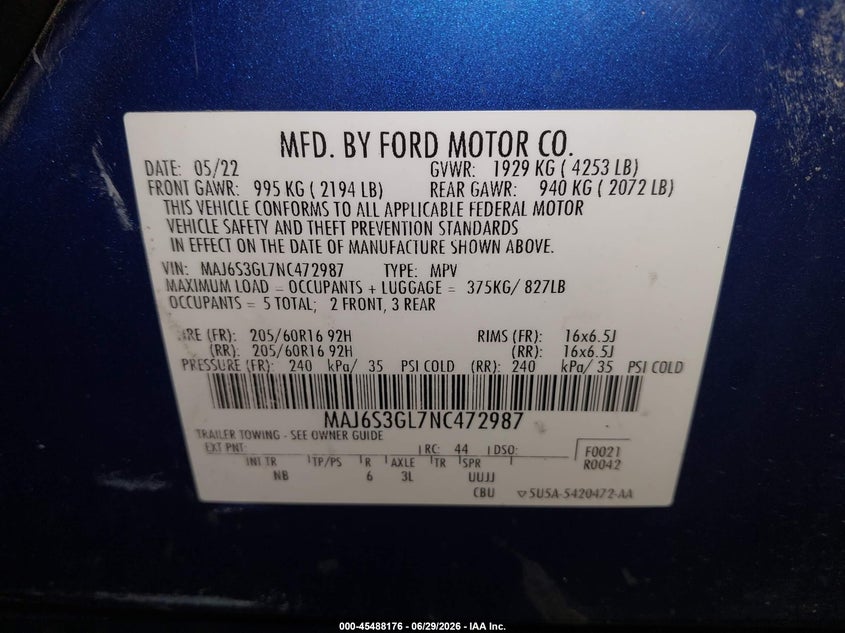 2022 Ford Ecosport VIN MAJ6S3GL7NC472987 IAAI salvage auction — ALL OVER, Salvage (Pennsylvania), sold $275 on 2026-07-16 (photo 9)
