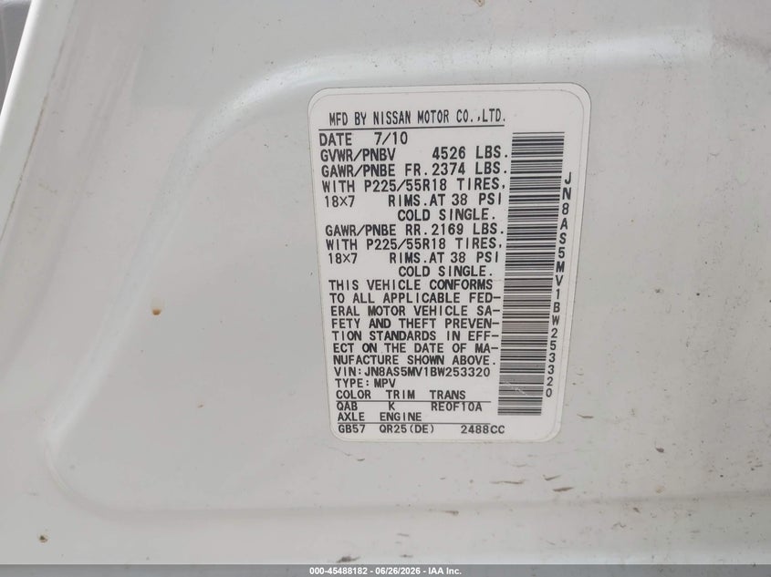 2011 Nissan Rogue VIN JN8AS5MV1BW253320 IAAI salvage auction — RIGHT FRONT, Salvage (Pennsylvania), sold $250 on 2026-07-12 (photo 9)