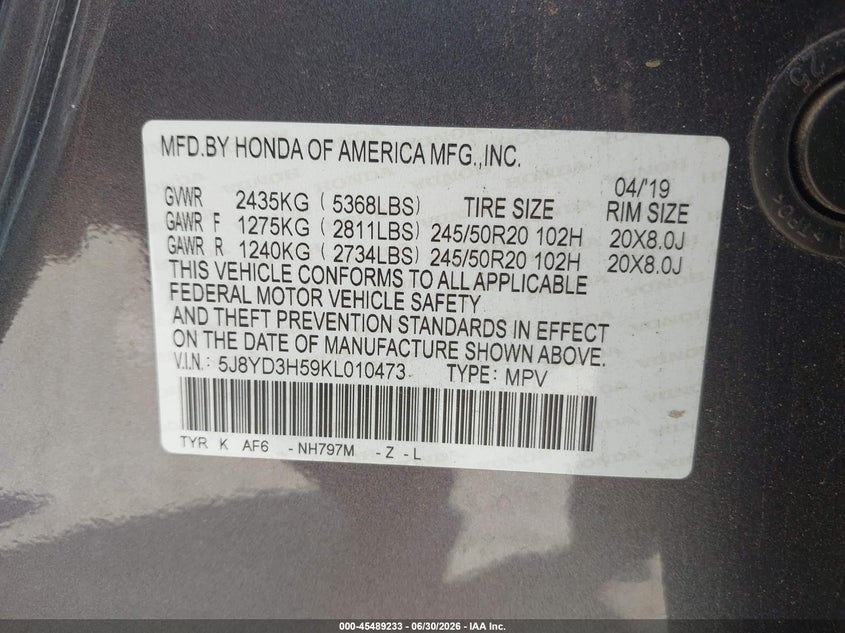 2019 Acura Mdx VIN 5J8YD3H59KL010473 IAAI salvage auction — LEFT REAR, Salvage (Texas), sold $6,150 on 2026-07-23 (photo 9)