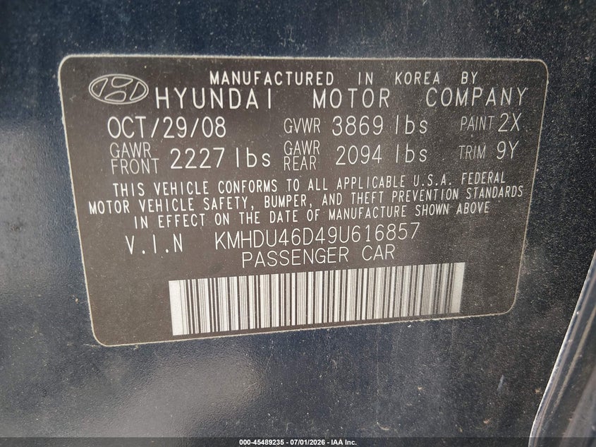 2009 Hyundai Elantra VIN KMHDU46D49U616857 IAAI salvage auction — THEFT, Salvage - Greater Than 75% (Maryland), sold $950 on 2026-07-15 (photo 9)