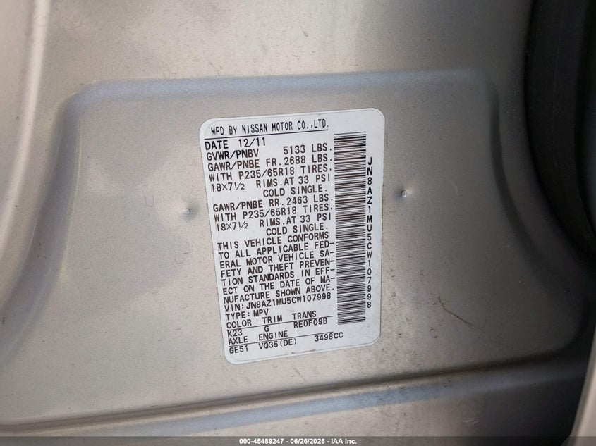 2012 Nissan Murano VIN JN8AZ1MU5CW107998 IAAI salvage auction — NORMAL WEAR, Clear-Dealer Only (Montana), sold $300 on 2026-07-30 (photo 9)