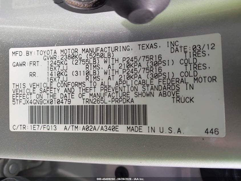 2012 Toyota Tacoma VIN 5TFJX4GN9CX010479 IAAI salvage auction — FRONT END, Rebuildable (Florida), sold $3,600 on 2026-07-16 (photo 9)