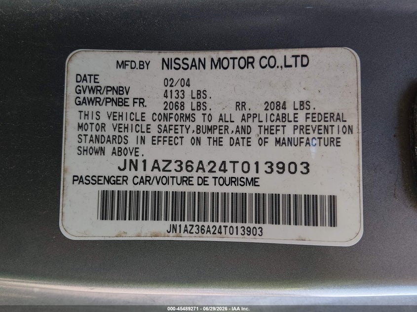 2004 Nissan 350z VIN JN1AZ36A24T013903 IAAI salvage auction — REAR END, Salvage (Kentucky), sold $1,100 on 2026-07-20 (photo 9)