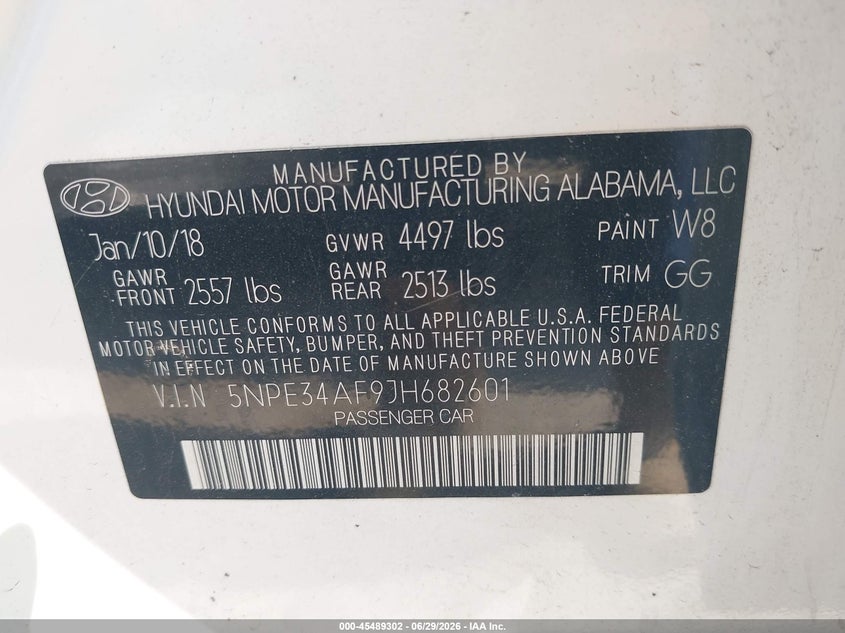 2018 Hyundai Sonata VIN 5NPE34AF9JH682601 IAAI salvage auction — FRONT END, Salvage (Ohio), sold $2,500 on 2026-07-31 (photo 9)