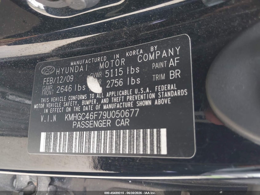 2009 Hyundai Genesis VIN KMHGC46F79U050677 IAAI salvage auction — FRONT END, Clear (Virginia), sold $25 on 2026-07-21 (photo 9)