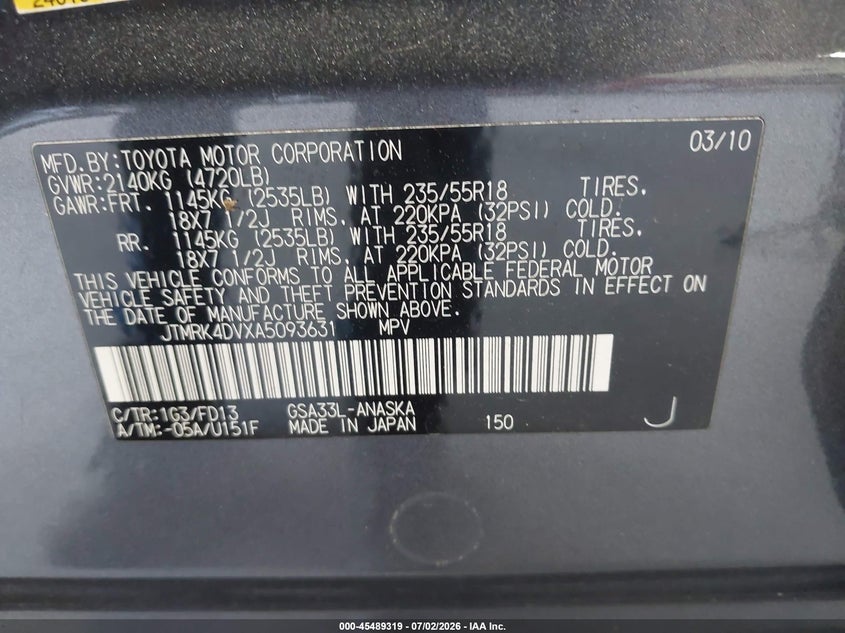 2010 Toyota Rav4 VIN JTMRK4DVXA5093631 IAAI salvage auction — REAR END, Mv-907A (New York), sold $500 on 2026-07-15 (photo 9)