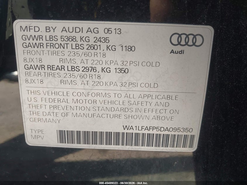 2013 Audi Q5 VIN WA1LFAFP5DA095350 IAAI salvage auction — FRONT END, Salvage Title, sold $25 on 2026-07-21 (photo 9)