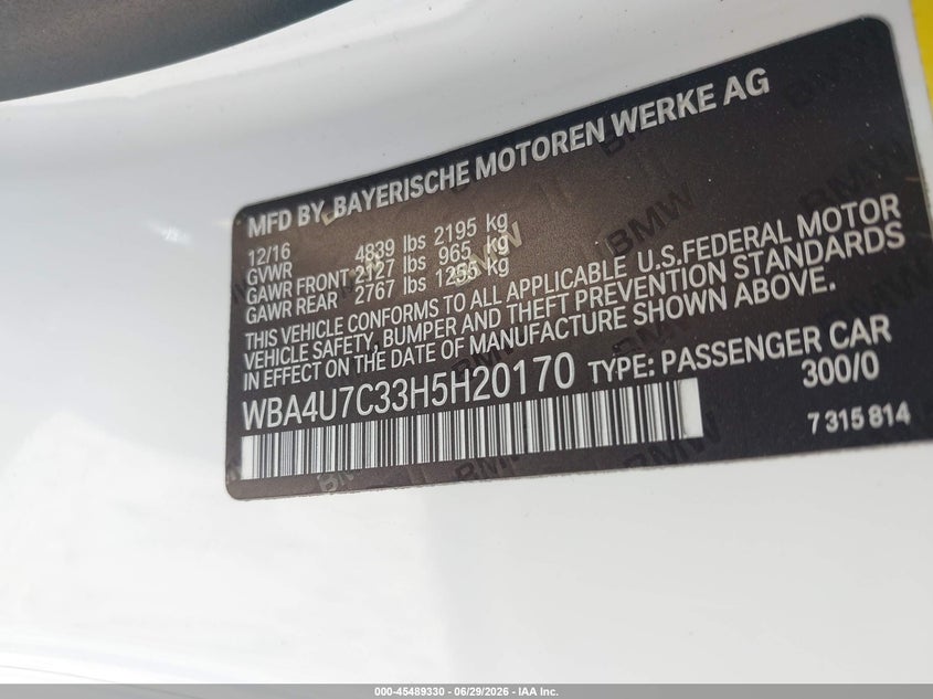 2017 BMW 4er VIN WBA4U7C33H5H20170 IAAI salvage auction — ROOF, Salvage (Texas), sold $2,525 on 2026-07-30 (photo 9)