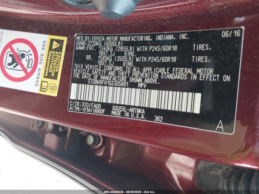 2016 Toyota Highlander VIN 5TDBKRFH1GS305891 IAAI salvage auction — FRONT END, Salvage Title, sold $4,800 on 2026-07-19 (photo 9)