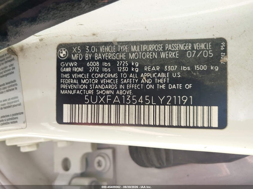 2005 BMW X5 VIN 5UXFA13545LY21191 IAAI salvage auction — REAR END, Clear (Indiana), sold $450 on 2026-07-26 (photo 9)