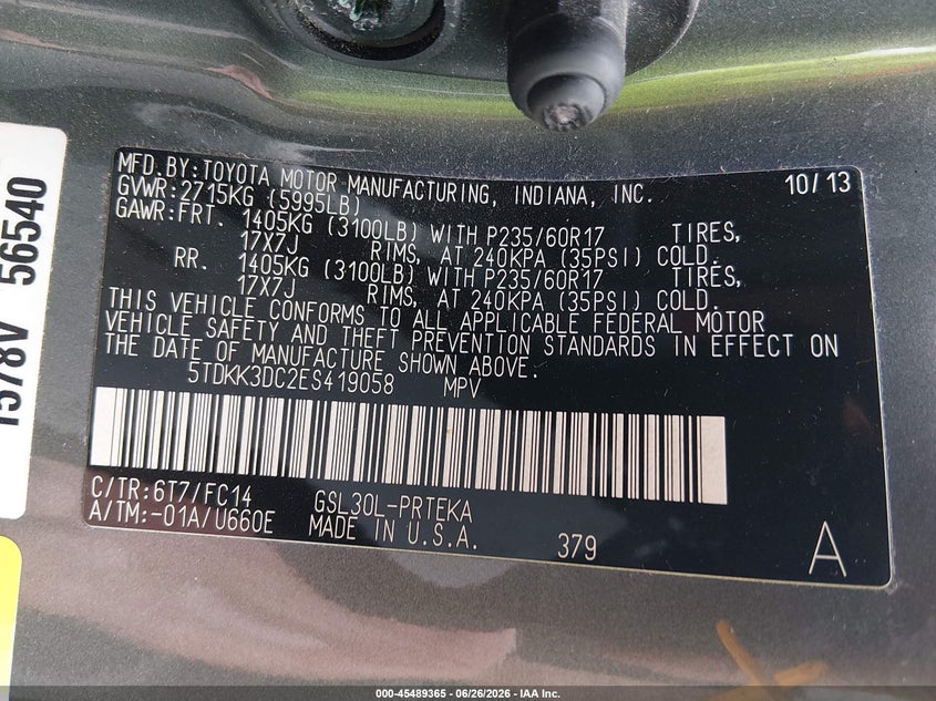 2014 Toyota Sienna VIN 5TDKK3DC2ES419058 IAAI salvage auction — FRONT & REAR, Salvage (Ohio), sold $2,050 on 2026-07-29 (photo 9)