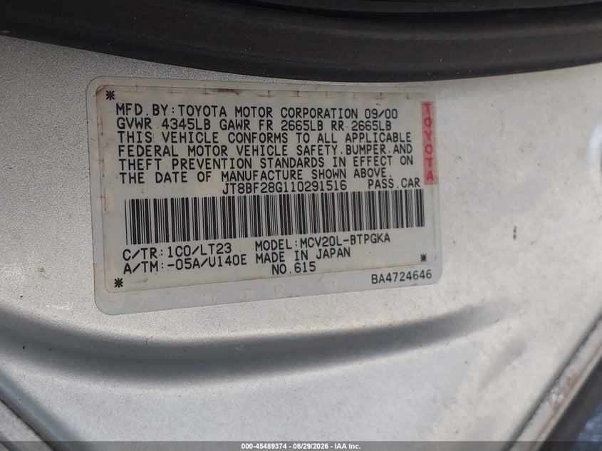2001 Lexus Es 300 VIN JT8BF28G110291516 IAAI salvage auction — NORMAL WEAR, Clear (Louisiana), sold $225 on 2026-07-14 (photo 9)