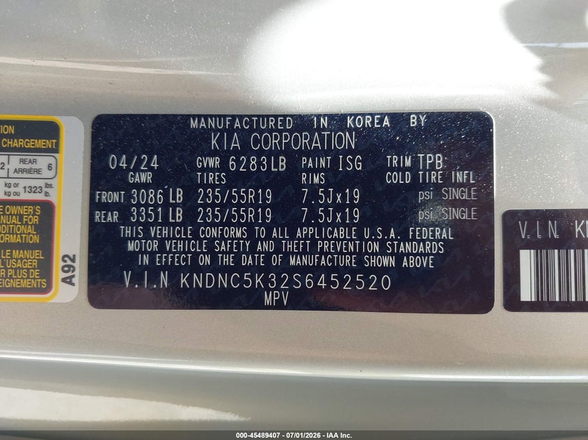 2025 Kia VIN KNDNC5K32S6452520 IAAI salvage auction — LEFT FRONT, Salvage Title, sold $13,500 on 2026-07-28 (photo 9)