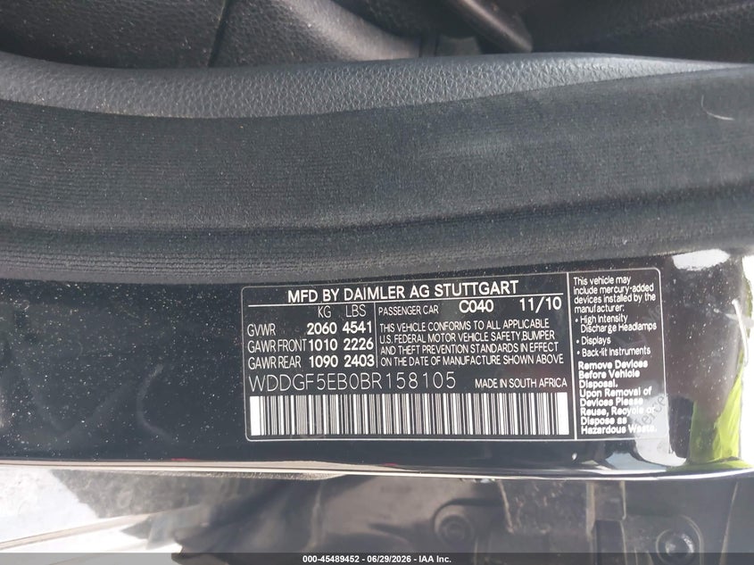 2011 Mercedes-benz C class VIN WDDGF5EB0BR158105 IAAI salvage auction — NORMAL WEAR, Original (Texas), sold $1,675 on 2026-07-15 (photo 9)