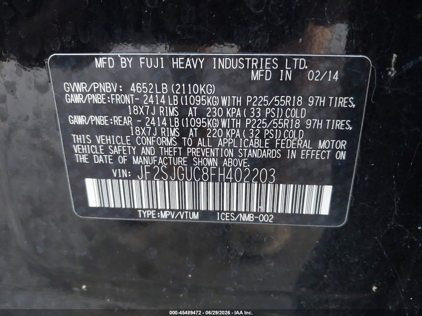 2015 Subaru Forester VIN JF2SJGUC8FH402203 IAAI salvage auction — ROOF, Clear (Michigan), sold $2,050 on 2026-07-27 (photo 9)