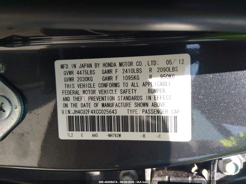 2012 Acura Tsx VIN JH4CU2F4XCC025643 IAAI salvage auction — FRONT END, Salvage (Louisiana), sold $1,750 on 2026-07-29 (photo 9)