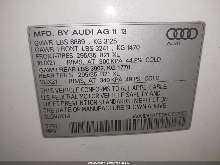 2014 Audi Q7 VIN WA1DGAFE9ED012051 IAAI salvage auction — NORMAL WEAR, Salvage Title - Dealer (California), sold $750 on 2026-07-28 (photo 9)