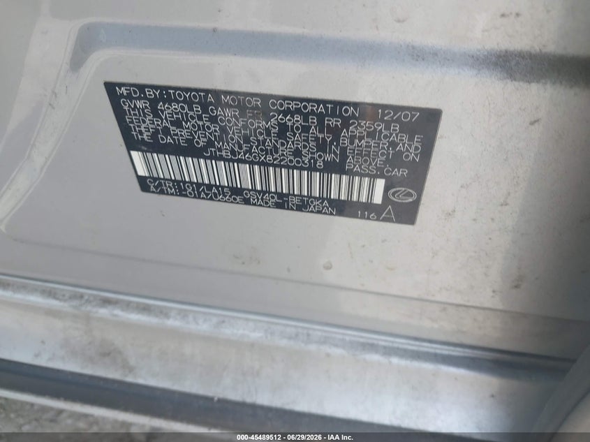 2008 Lexus Es 350 VIN JTHBJ46GX82200318 IAAI salvage auction — NORMAL WEAR, Clear (Georgia), sold $825 on 2026-07-28 (photo 9)