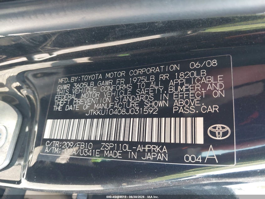 2008 Scion Xd VIN JTKKU10408J031592 IAAI salvage auction — FRONT END, Salvage (Pennsylvania), sold $425 on 2026-07-24 (photo 9)