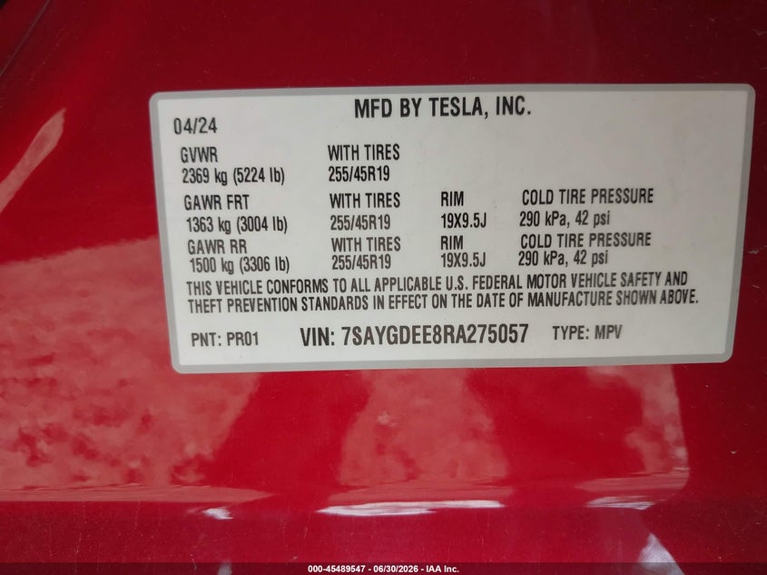 2024 Tesla Model y VIN 7SAYGDEE8RA275057 IAAI salvage auction — FRONT END, Clear Claim Paid (Wisconsin), sold $8,000 on 2026-07-29 (photo 9)