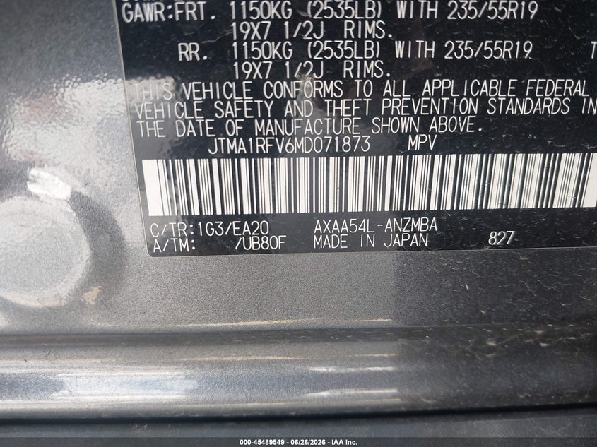 2021 Toyota Rav 4 VIN JTMA1RFV6MD071873 IAAI salvage auction — REAR END, Salvage (California), sold $13,850 on 2026-07-27 (photo 9)