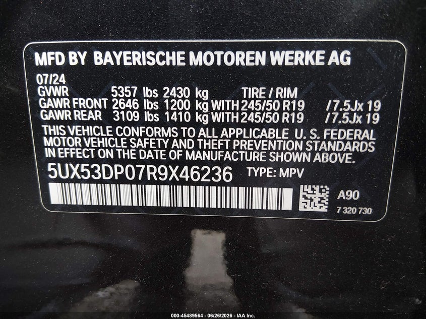 2024 BMW X3 VIN 5UX53DP07R9X46236 IAAI salvage auction — Side, Salvage (Illinois), sold $21,300 on 2026-09-04 (photo 9)