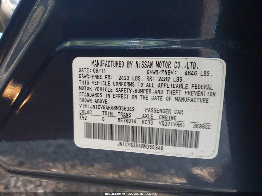 2011 Infiniti G37 VIN JN1CV6AR4BM356349 IAAI salvage auction — LEFT & RIGHT, Clear (New Jersey), sold $875 on 2026-07-22 (photo 9)