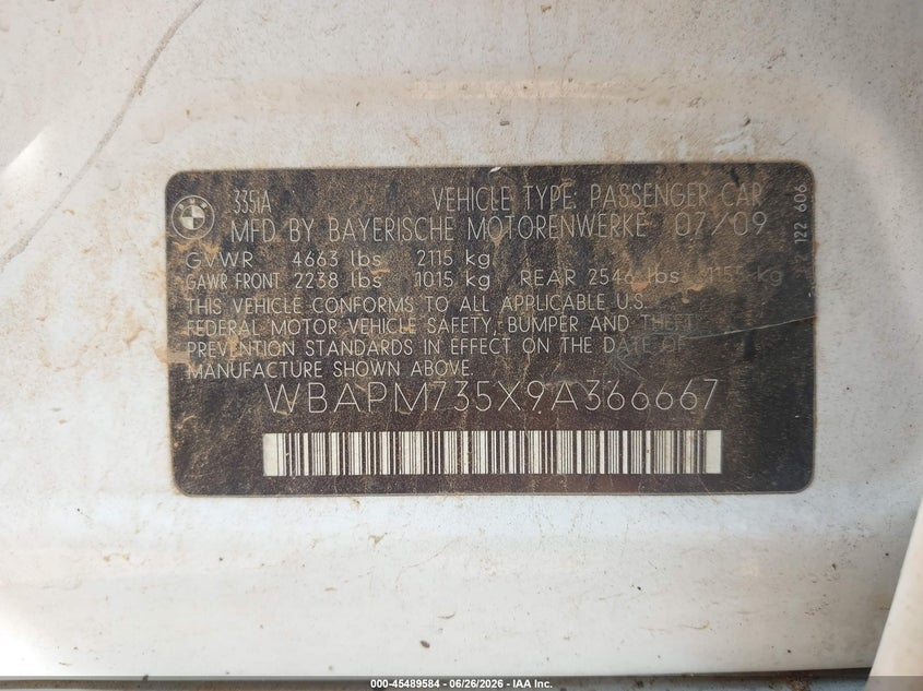 2009 BMW 3 series VIN WBAPM735X9A366667 IAAI salvage auction — RIGHT FRONT, Salvage (Alabama), sold $225 on 2026-07-15 (photo 9)