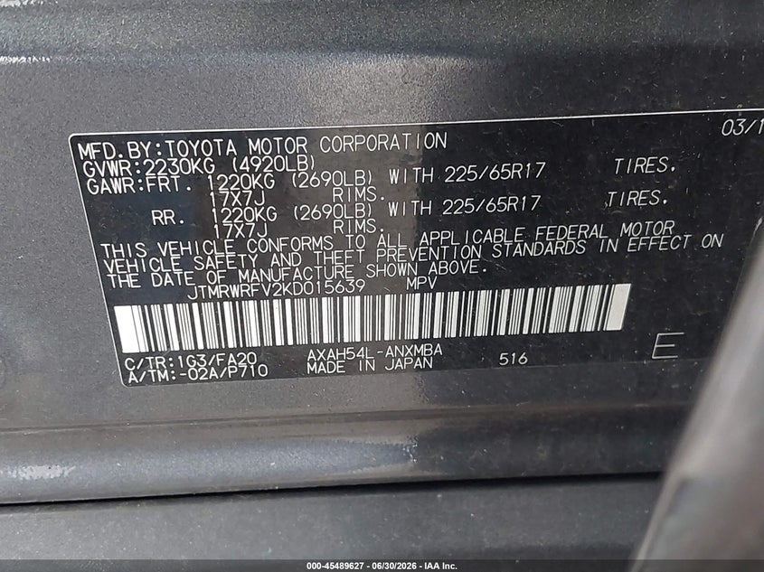 2019 Toyota Rav 4 VIN JTMRWRFV2KD015639 IAAI salvage auction — FRONT END, Salvage Title, sold $25 on 2026-07-29 (photo 9)
